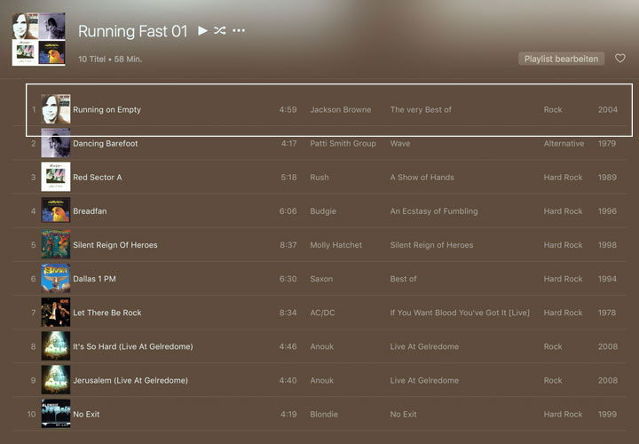 Screenshot Playlist iTunes mit Running on Emoty von Jackson Browne an erster Stelle